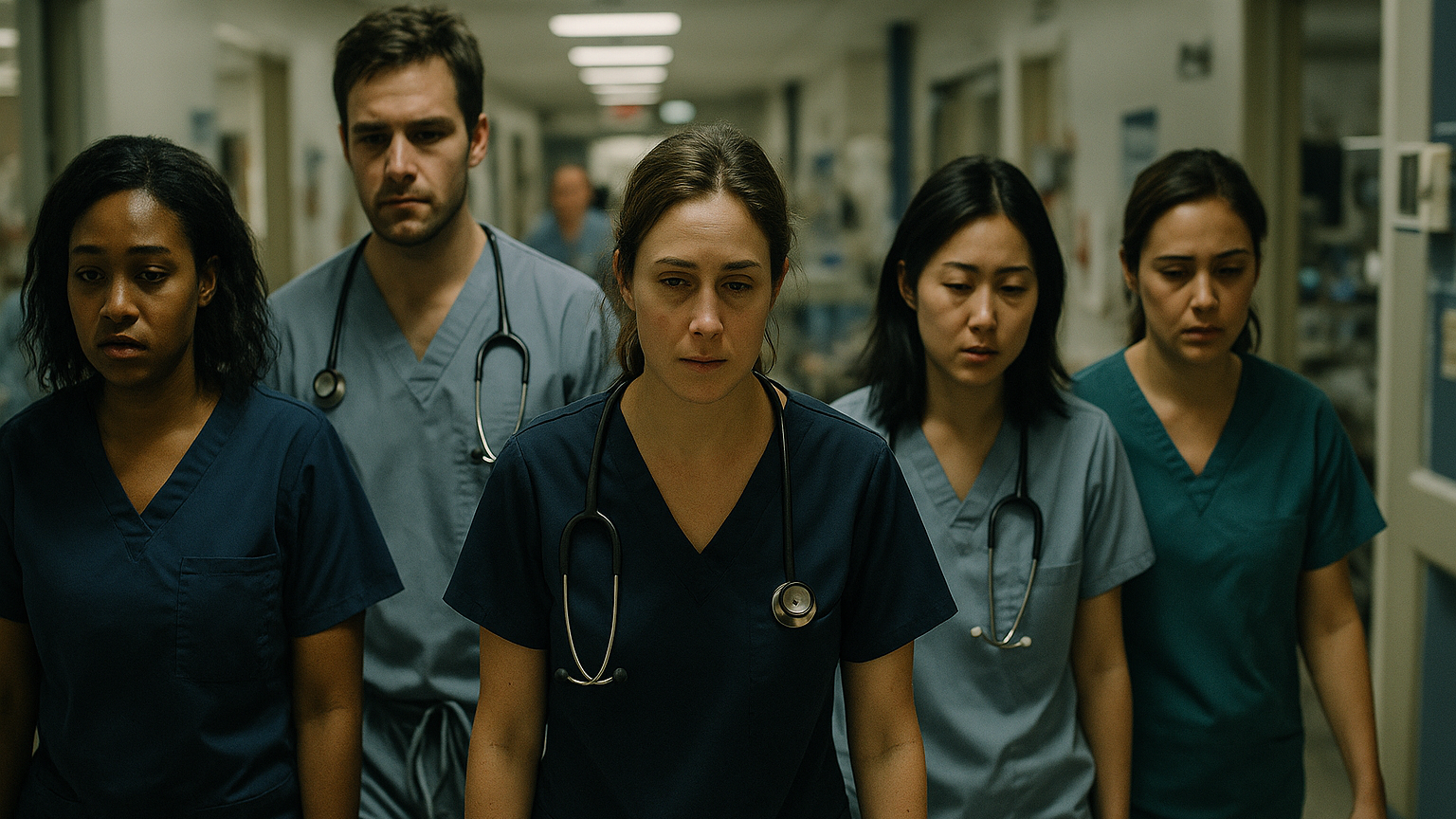 Exhausted nurses walking down a hospital hallway during the 2025 nursing shortage.