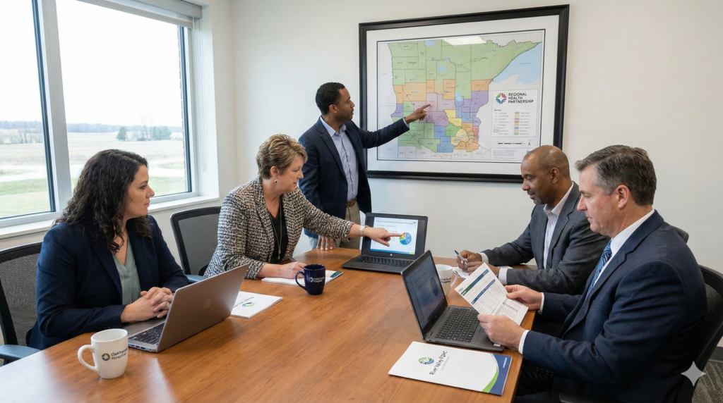 Rural healthcare leaders collaborating on regional RHTP consortium partnership